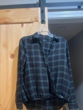 Madewell Black and Teal Plaid Shirt with Collar
